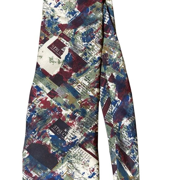 Structure VTG Abstract Olive Green Blue Dark Red White 100% Silk Tie - Picture 1 of 6